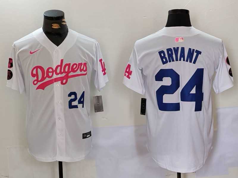 Mens Los Angeles Dodgers #24 Kobe Bryant White Pink Vin & Kobe Patch Stitched Baseball Jersey